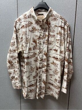 Ariat Men’s Cream Button-Down Shirt with Brown Tropical Print